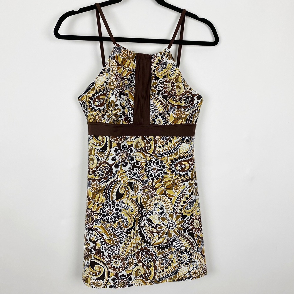 A Shore Fit Paisley‎ High Neck Empire Waist Swimdress Womens 10 Brown Gold